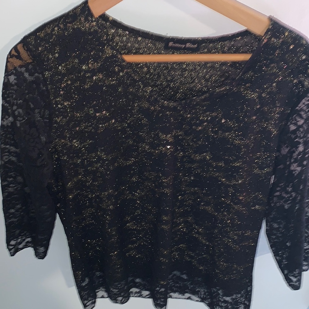 Brittany Black Black Lace Blouse with Gold Sparkle